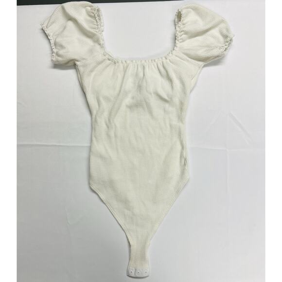 Topshop White Puff Sleeve Waffle Knit Cutout Milkmaid Bodysuit Size XS White - Picture 12 of 14
